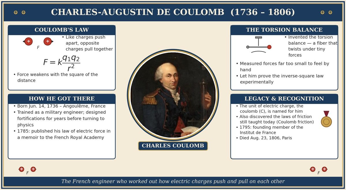 Charles-Augustin de Coulomb (1736-1806): portrait, Coulomb's Law F=kq1q2/r2, the torsion balance, and his life story