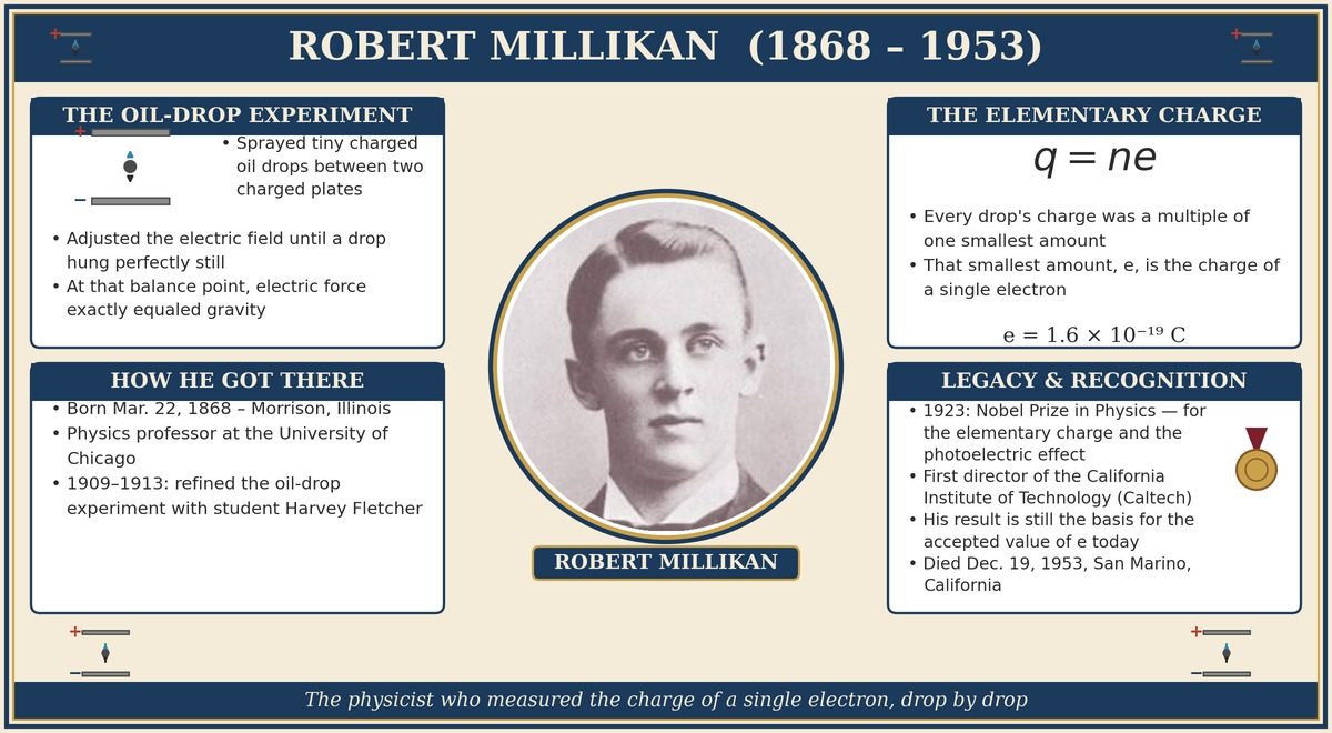 Robert Millikan (1868-1953): the oil-drop experiment, the elementary charge q=ne, and his life story