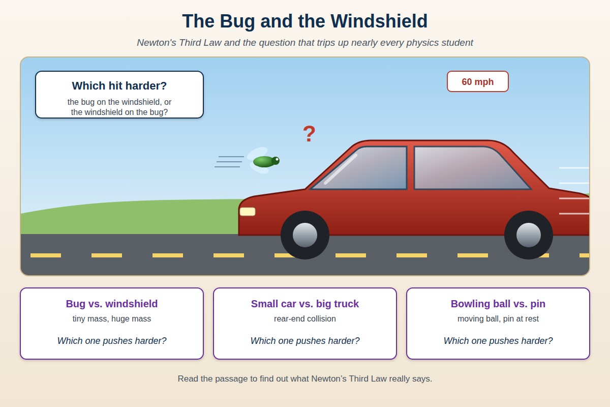 A bug about to hit the windshield of a car going 60 mph, asking which hit harder: the bug on the windshield or the windshield on the bug