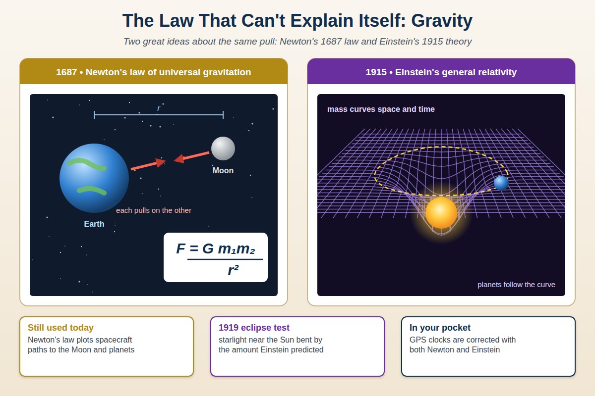 Newton's law of gravitation, F = G m1 m2 over r squared, with Earth and Moon pulling on each other, beside Einstein's curved space-time grid around the Sun