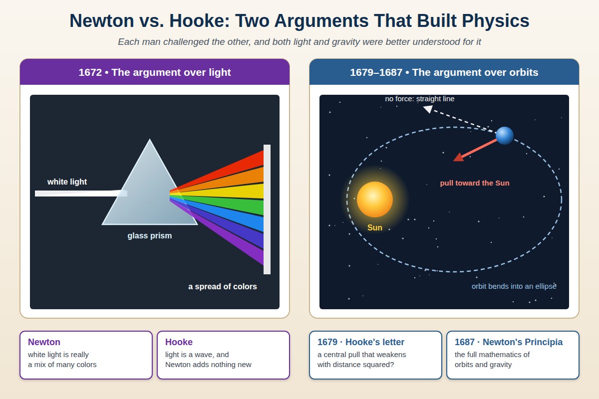 Newton and Hooke: a prism splitting white light into colors (1672) and a planet pulled toward the Sun into an elliptical orbit (1679 to 1687)
